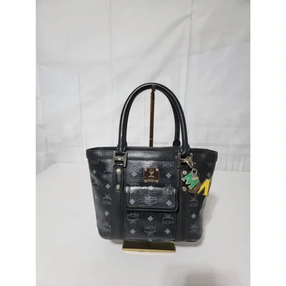 Authentic MCM Small Visetos Coated Canvas and Leather Pocket Tote Black - Picture 3 of 13